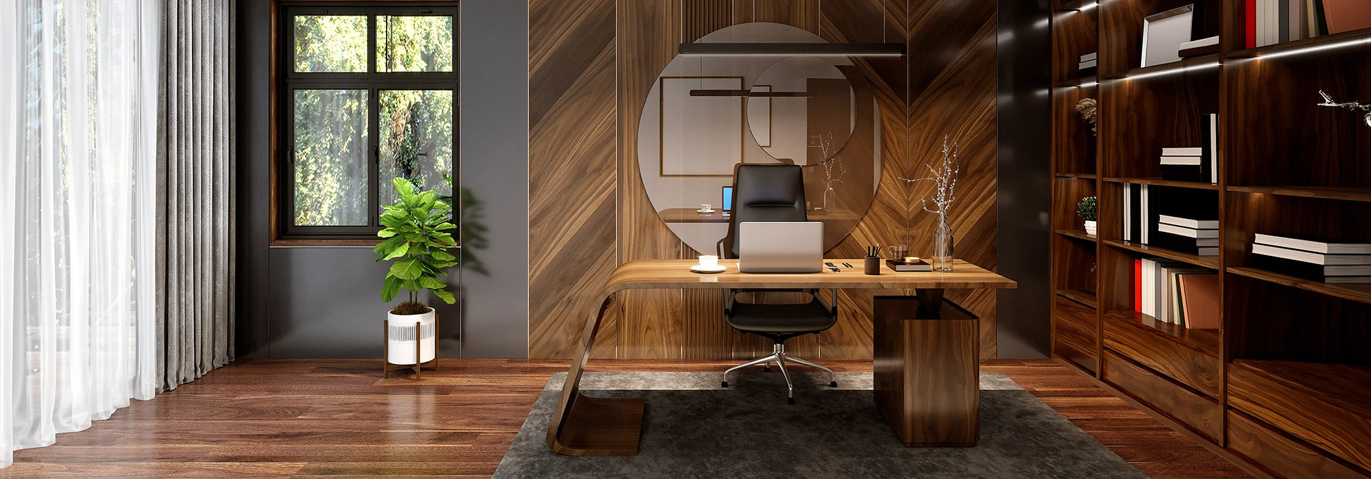 Ufficio direzionale di lusso con scrivania direzionale moderna, arredo in legno e poltrona presidenziale ergonomica