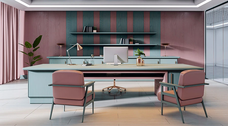 Scrivania direzionale moderna in ufficio direzionale colorato con arredo ufficio su misura e sedute design