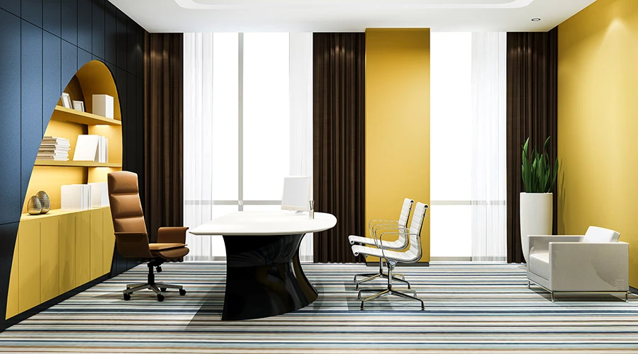 Interior design ufficio direzionale moderno con scrivania direzionale, pareti colorate e arredo ufficio contemporaneo