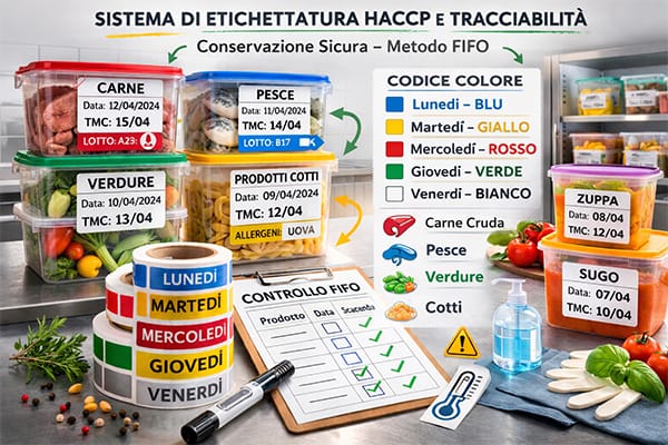 Infografica sul sistema HACCP con etichette alimentari, codice colore settimanale e metodo FIFO per la corretta conservazione degli alimenti